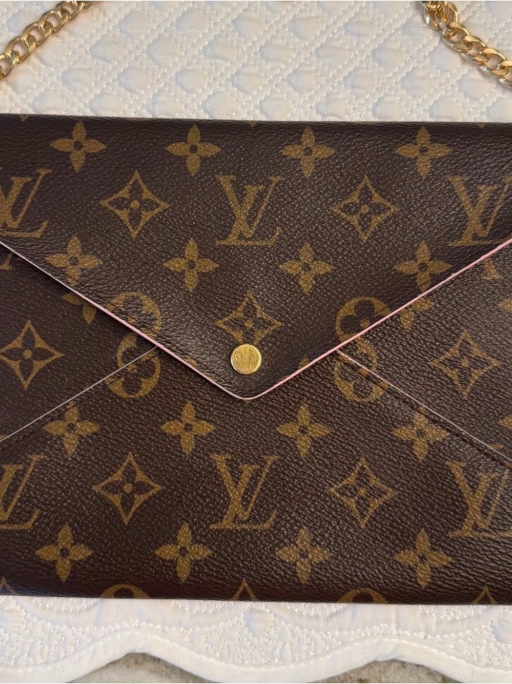 Louis Vuitton Monogram Envelope Clutch with Pink Trim and Gold Chain